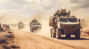 Ready for Anything: HUMS and Predictive Maintenance A group of military vehicles drive down a dusty road made with AI generative technology